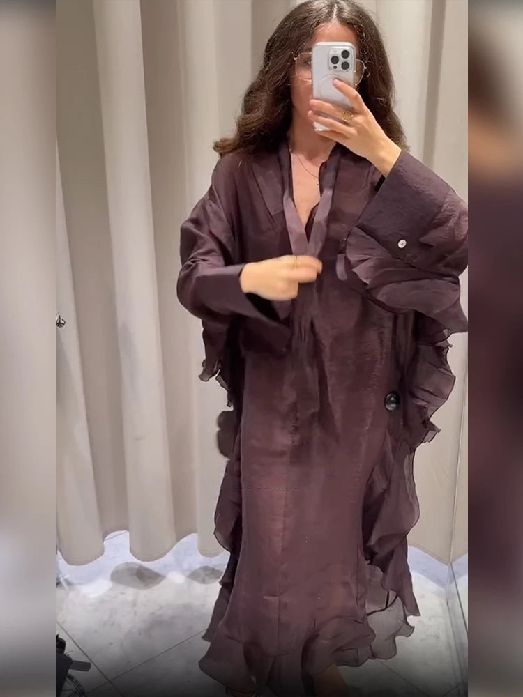 Causal Ruffle Pleated Loose long dress Women Full Sleeve V Neck Single Breasted Lotus Leaf Edge Dresses 2025 Lady Street Outfit