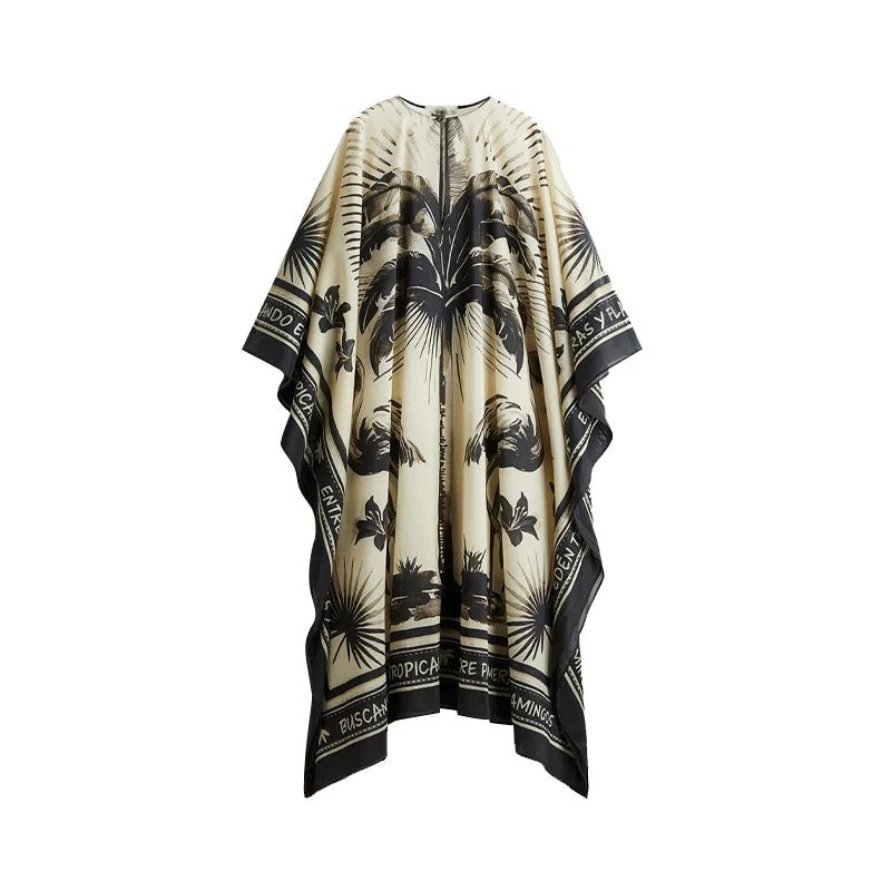 Vacation Coconut Tree Floral Print Caftan Maxi Dress For Women Oversize Long Puff V-neck Beach Dresses Lady Bohemia Party Robes