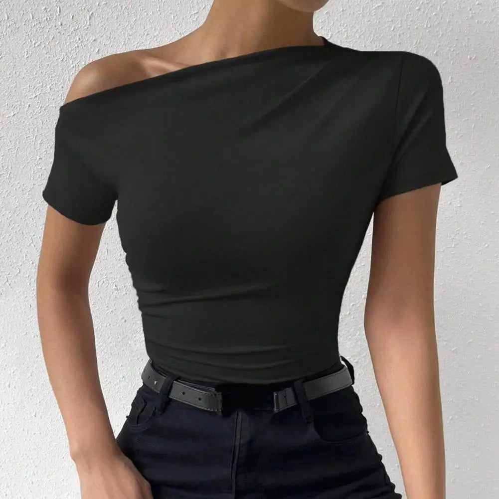 Women T-shirt Lightweight Women Tops Slim Fit Skew Collar Women's Summer T-shirt Stylish Side Shirring Tee with Short Sleeves