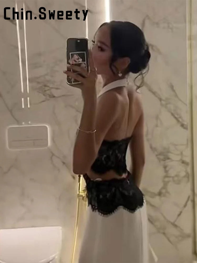 Sexy Halter Lace Splicing Hollow Out Long Dress Women Sleeveless Backless Hip Package Party Dresses 2025 Summer Evening Robes