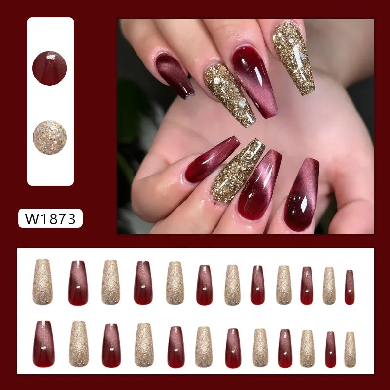 Platinum Maple Leaf Fake Nail with Jelly sticker Press on False Nails Wearable Round Head Oval Full Cover Nail Tips