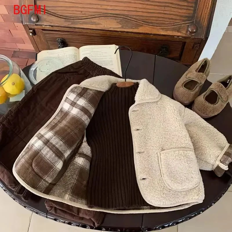 High-quality Boys Velvet Thick Wool Single Breasted Coat 2025 Autumn/Winter New Warm Lamb Wool Top Baby Winter Girls Collar Coat