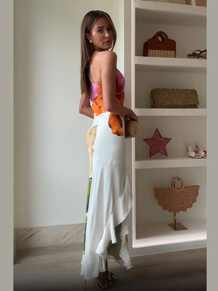 Elegant Floral Irregular Maxi Vestidos Women Sleeveless Skew Neck Off Shoulder Slim Dress 2025 New Summer Party High Street Wear