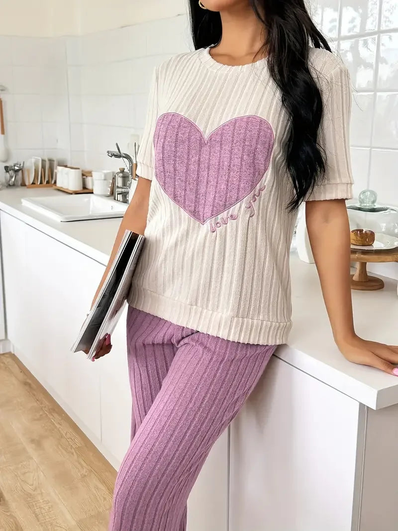 Autumn Winter Two-Piece Pajamas Set for Women Sleepwear Heart Print Round Neck Short Sleeve Long Pants Home Wear