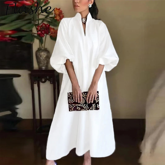 Cotton Linen Fashion Maxi Dress For Women Casual V Neck Long Sleeve White Party Dress Women Casual Half Sleeve Loose Long Dress