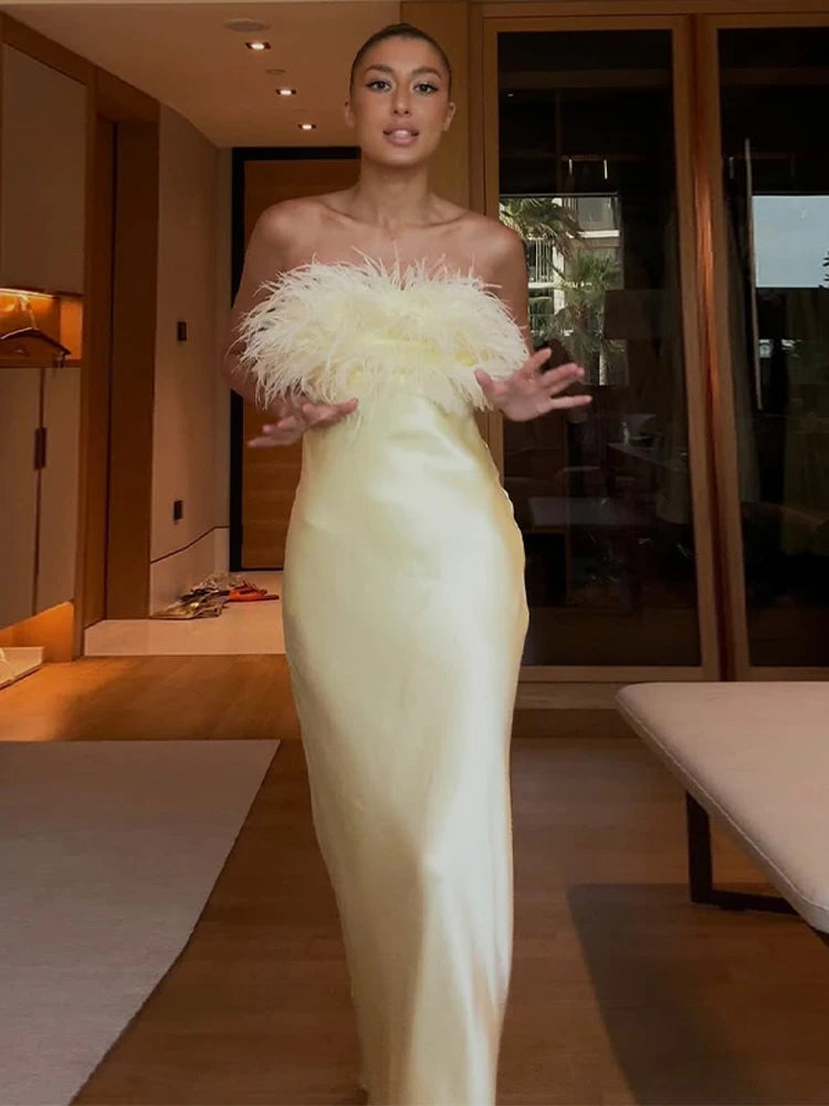Elegant Yellow Feather Splicing Long Dress Women Chic Satin Strapless High Waist Sleeveless Slim Robe Summer Dinner Party Gowns