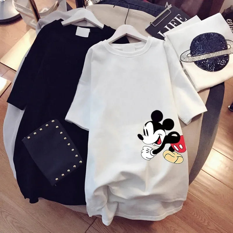 Disney Mickey Mouse T-shirt Summer Cartoon Mid-length Short-sleeved T-shirt Women's New Mickey Loose Large Size Half-sleeve Top