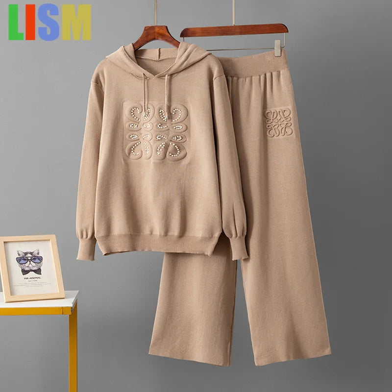 LISM winter two piece set tracksuit Knitted set, nail bead casual two-piece hooded woolen top+slim fit wide leg pants for women