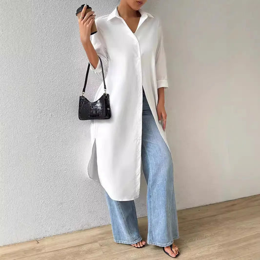 Women Turn Down Collar OL Business Maxi Shirts Tops Spring Autumn Female Simple Solid Color Button Loose Blouse Long Shirt Blusa