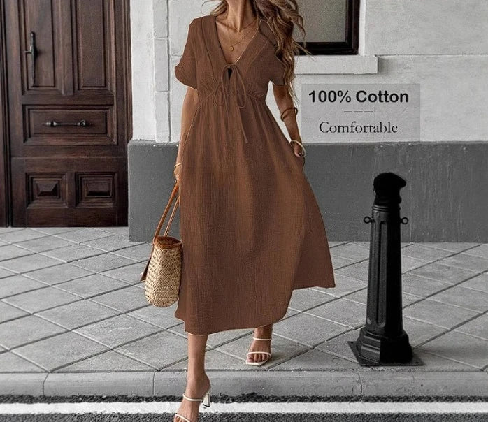 2025 New Summer Women's V-neck Pure Cotton Loose and Comfortable Long Solid Color Dress