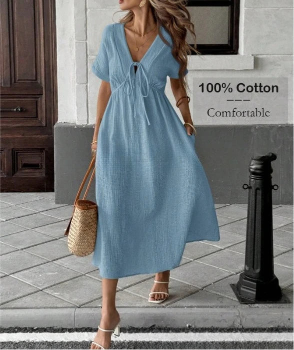 2025 New Summer Women's V-neck Pure Cotton Loose and Comfortable Long Solid Color Dress
