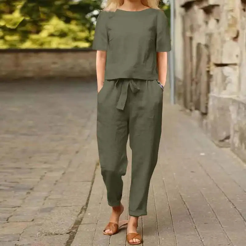 Women's Cotton Linen Suit Summer Matching Suit Half-sleeved Round Neck Tie Elastic Waist Trousers Wide-leg Pants Retro Suit 2024