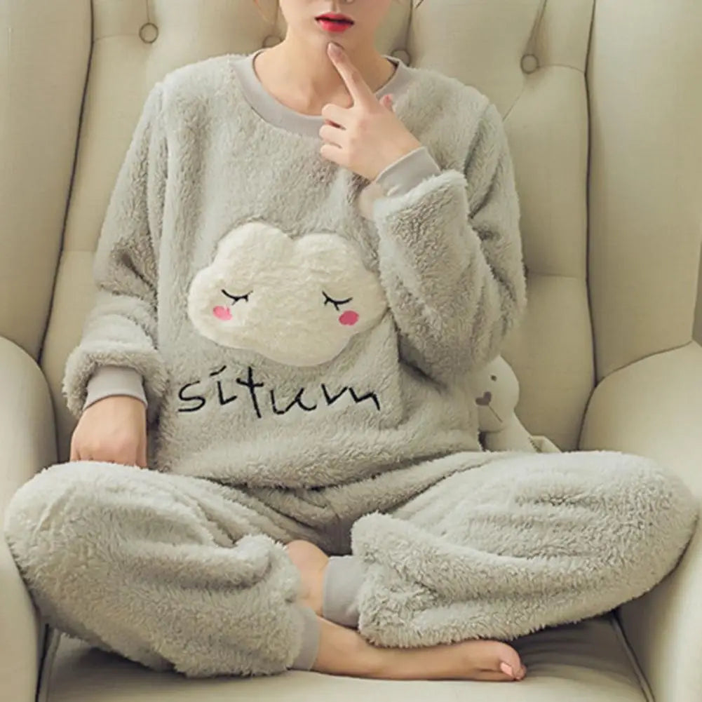 2 Pcs/Set Women Winter Pajamas Striped Cartoon Print Thickened Coral Fleece Soft Round Neck Long Sleeve Homewear Top Pants Set