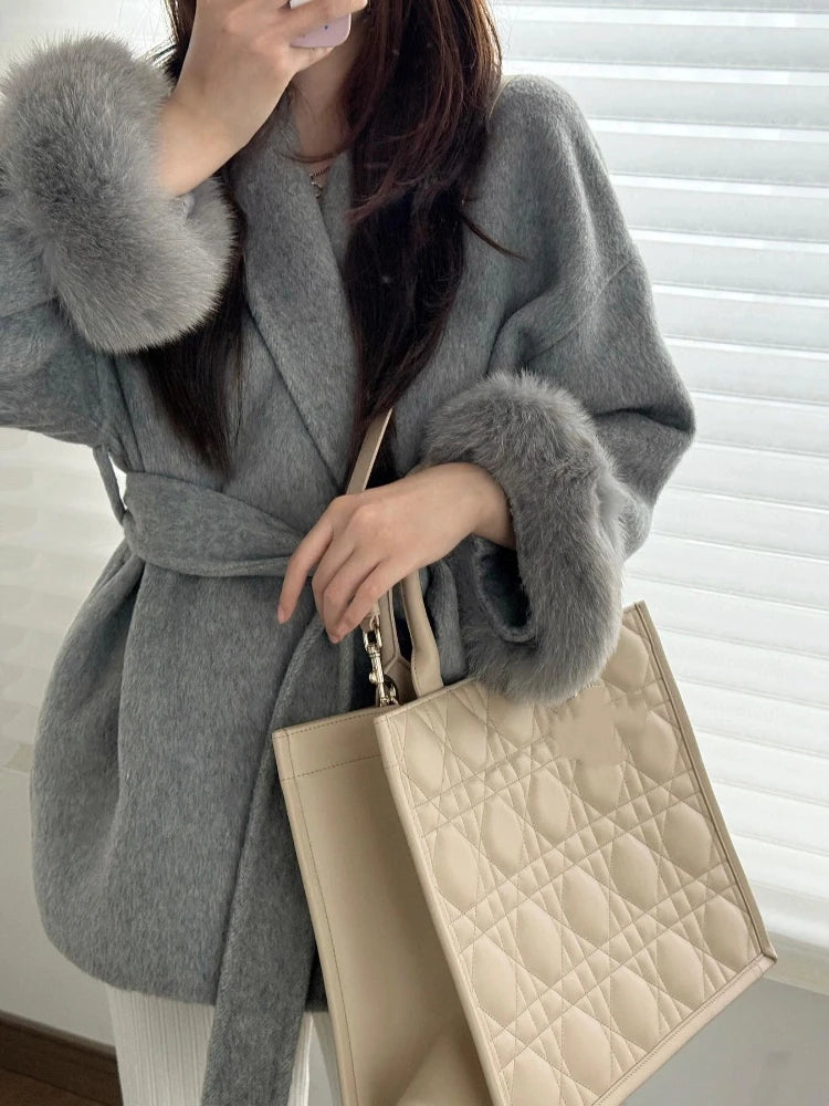 Women's Casual Solid Lapel Lace Up Woolen Coats Fashionable Single Breasted Pocket Loose Outwear 2025 Ladies High Street Jackets