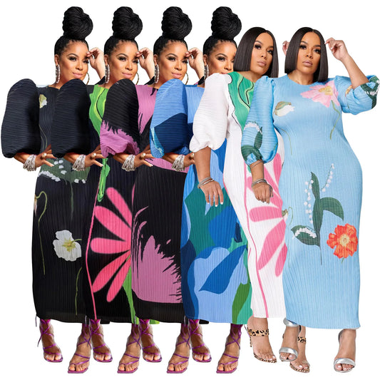 Elegant Women Pleated Half Lantern Sleeve O-neck Slim Maxi Long Dress Print Fashion Autumn 2025 Ruched Dresses Vestidos