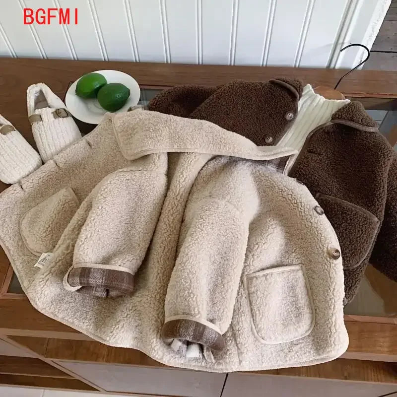 High-quality Boys Velvet Thick Wool Single Breasted Coat 2025 Autumn/Winter New Warm Lamb Wool Top Baby Winter Girls Collar Coat