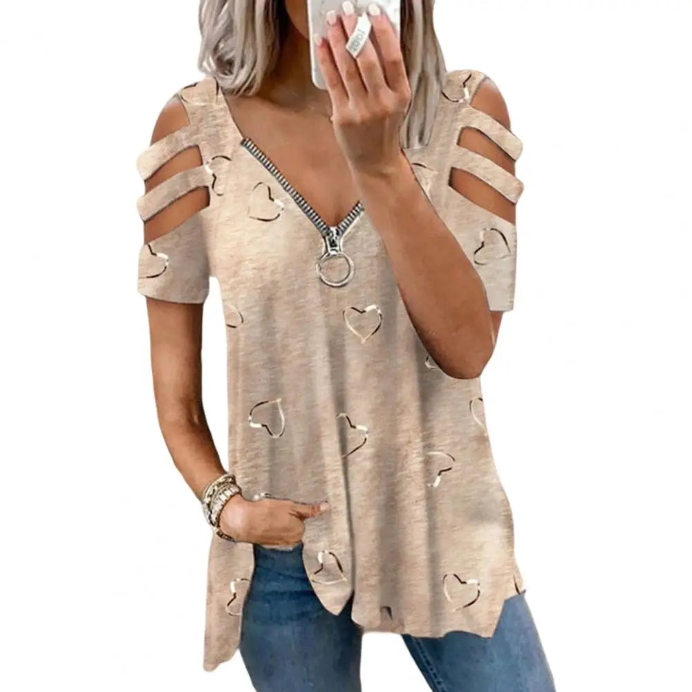 Top V Neck Low-cut Hollow Out Short Sleeves T-shirt