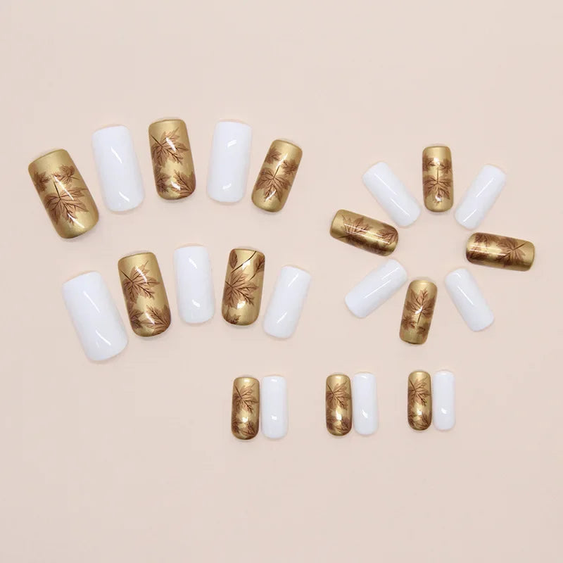 Platinum Maple Leaf Fake Nail with Jelly sticker Press on False Nails Wearable Round Head Oval Full Cover Nail Tips