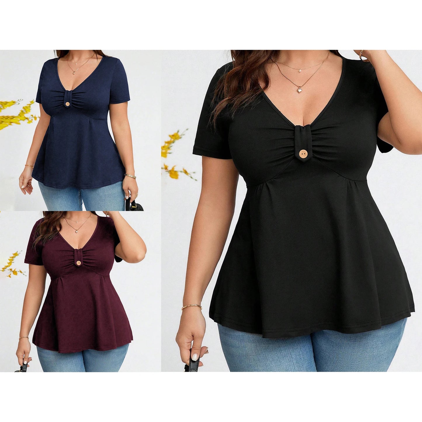 Women Plus Size Babydoll Tops Solid Color Ruched Button V Neck Short Sleeve Ruffle Shirts Casual Summer Streetwear