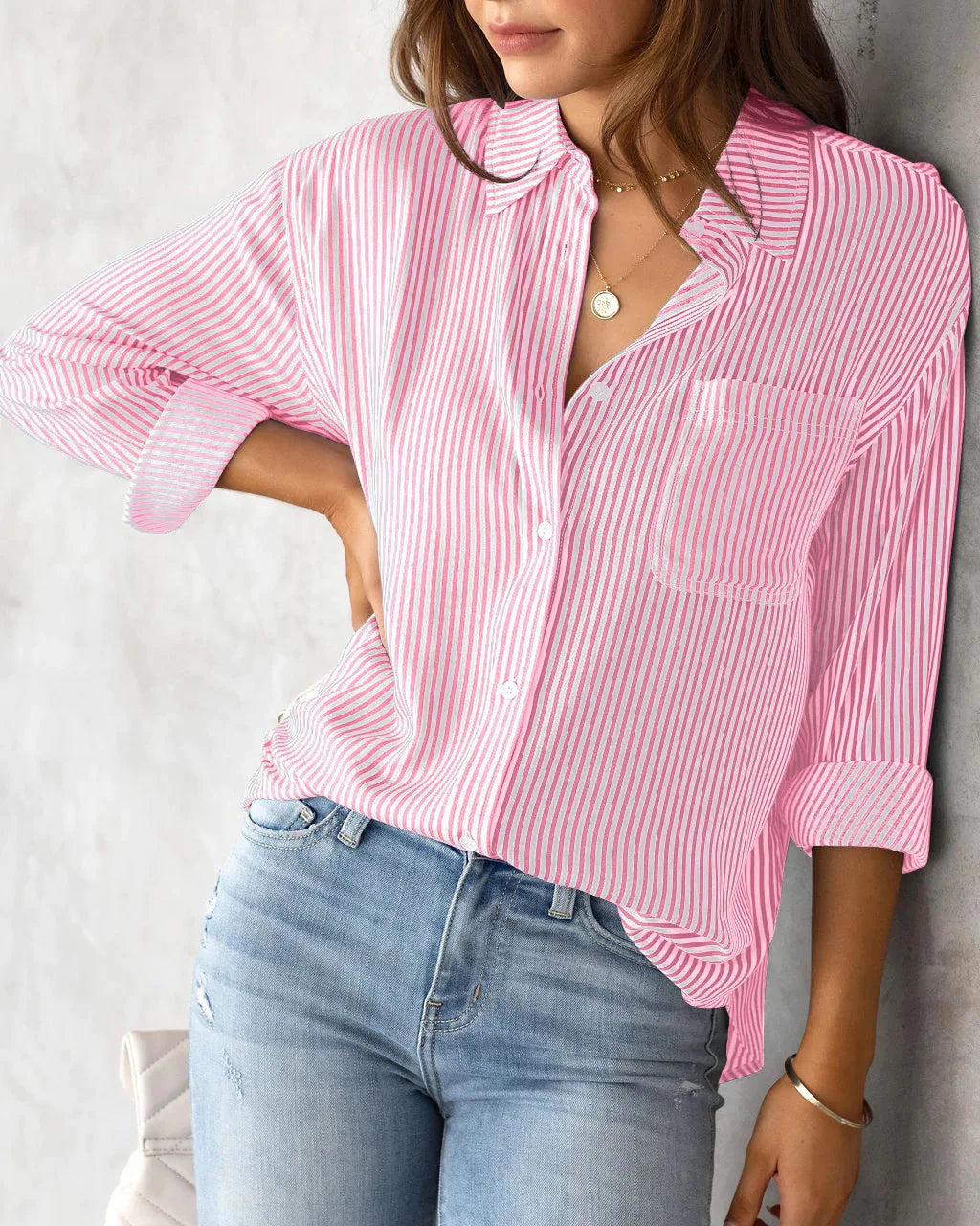 Loose Striped Women's Top, Elegant Long Sleeved Lapel Top, Oversized Cotton Casual Top, Novelty Of 2025 Shirts & Blouses Blusas
