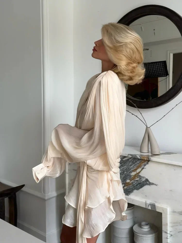 Shiny Layered Ruffles Pleated Mini Dress Women's Fashion Solid Lace Up Slim Fit Gowns 2025 Summer Lady Party Banquet Vestidos