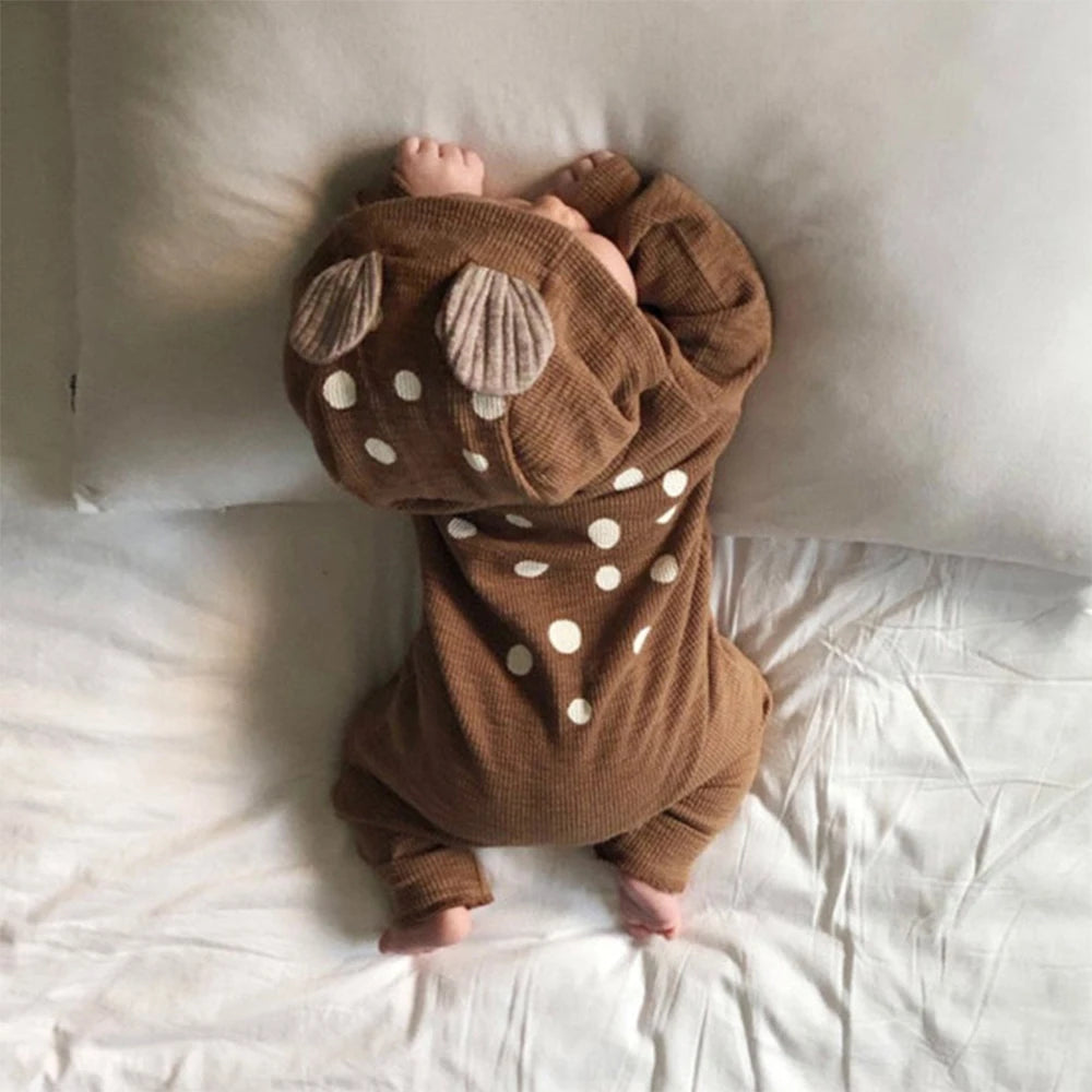 2025 Spring Autumn Cute Baby Romper Soild Cotton Deer Patches Hooded Clothes Newborn Boy Girl Onesie Infant Jumpsuit Outwear