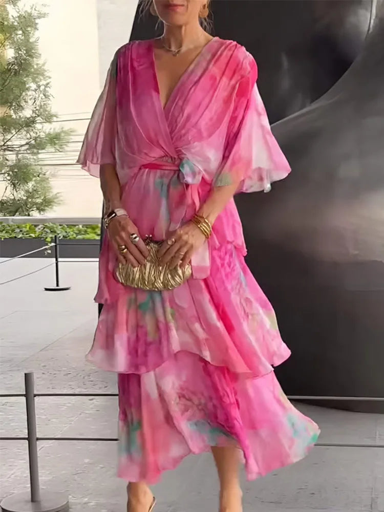 TSDFC 2025 New Summer Fashion Half Sleeved V Neck Lace Up Long Skirt Casual Wear Elegant Chiffon Print Women Long Party Dress