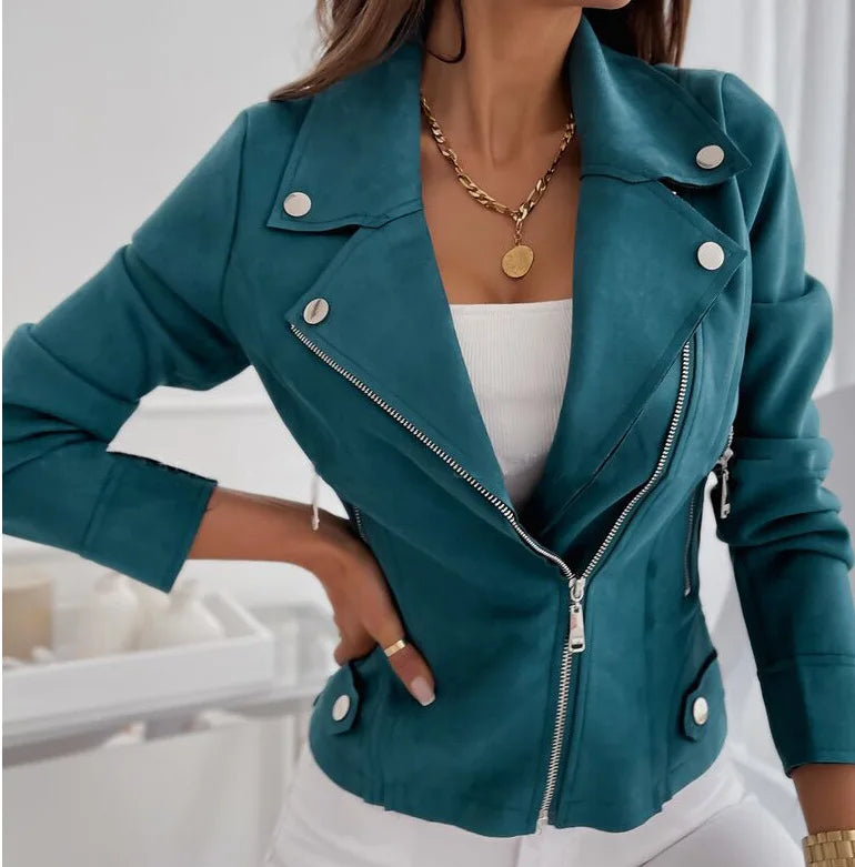 2023 New Slim Fit Short Lapel Zipper Jacket Buckskin Short Coat for Women Winter Clothes Women