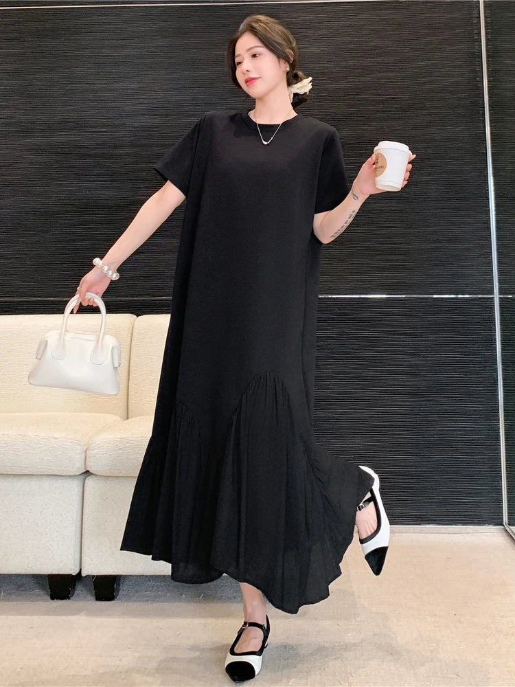 NYFS 2025 Summer New Korea Irregular Woman Dress Vestidos Robe Elbise Loose Plus Size Patchwork Short Sleeve Long Dress