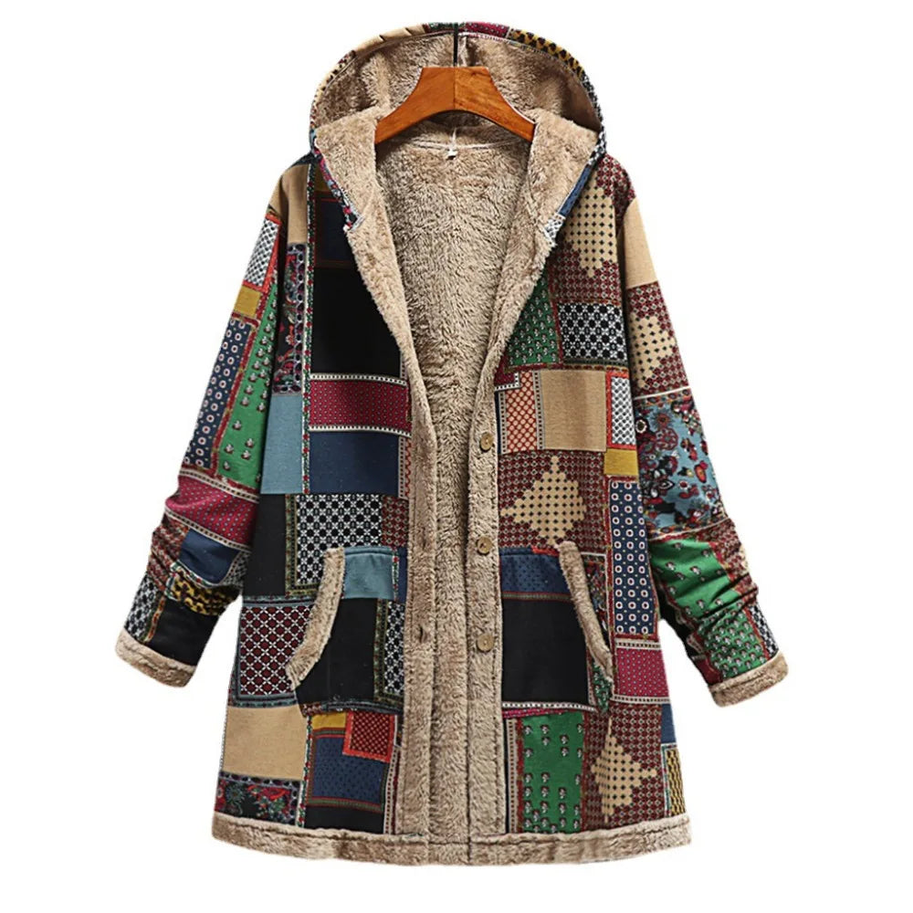 Women's Long Plush Jacket with Cotton and Linen Print Hooded Sweatshirt for Warmth, Winter New Style