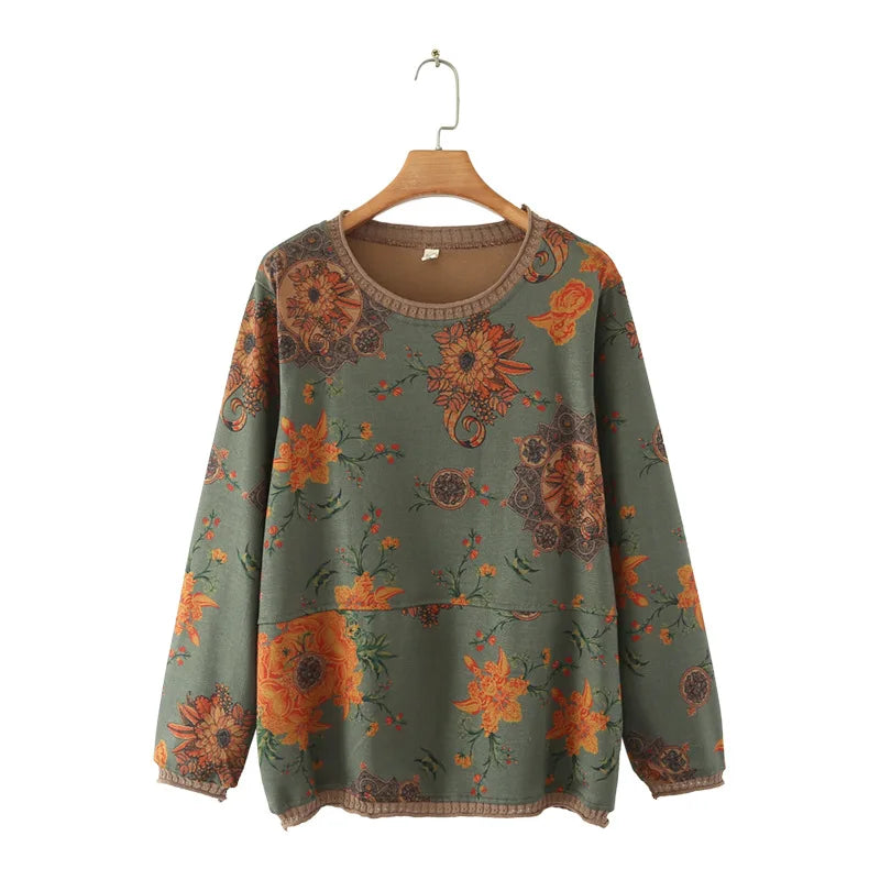 Plus Size Long Sleeve T-Shirt Women's Clothing Spring Autumn Casual Large Floral Print Bottoming Tops Senior O-Neck Tees