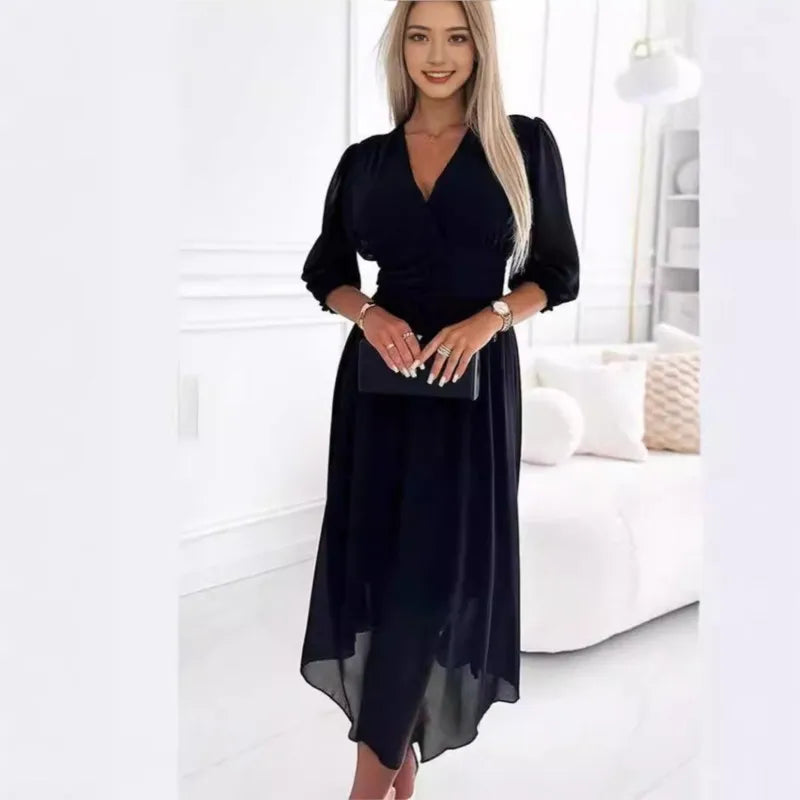 Sexy V Neck Solid Chiffon Long Dress Women Spring Elegant High-waisted Slim Party Dress Autumn 3/4 Sleeve A-Line Bohemian Dress