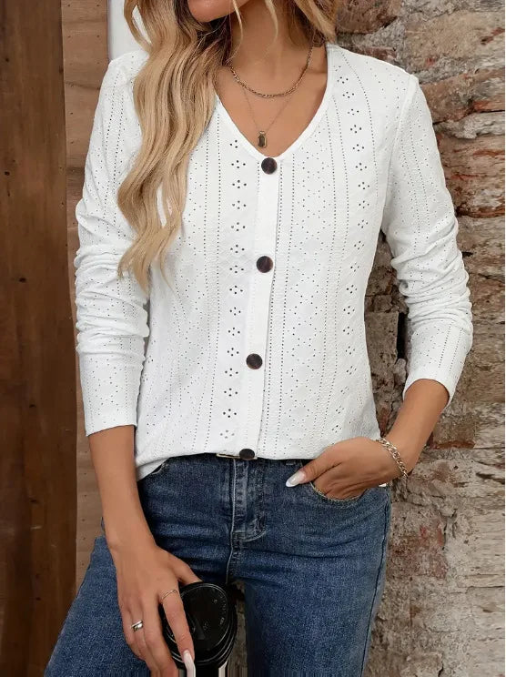 Womens Long Sleeve Tops 2023 Lace Crochet Casual Shirts Button Down V Neck Blouses Dressy Trendy Fashion Fall Clothes