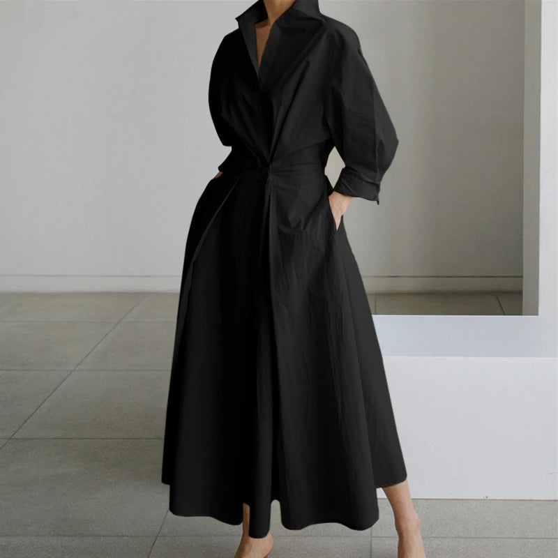 Elegant Women Spring Sundress Lapel Neck Long Sleeve Black Dress 2025 Solid Long Shirt Dress OL Vestidos Robe Femme Streetwear
