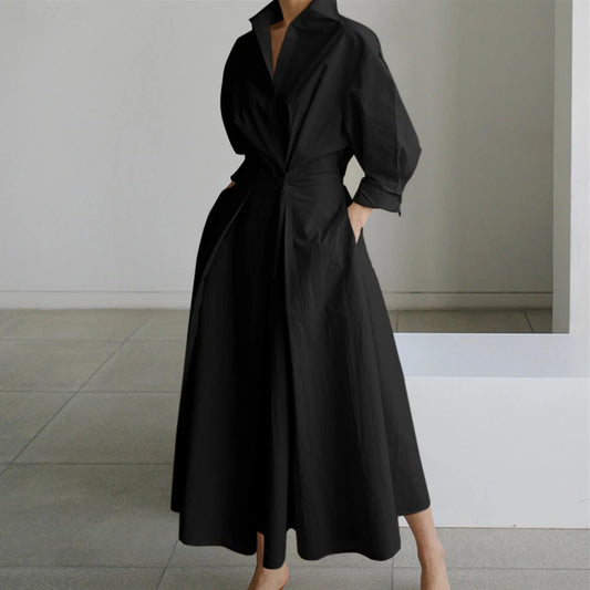 Elegant Women Spring Sundress Lapel Neck Long Sleeve Black Dress 2025 Solid Long Shirt Dress OL Vestidos Robe Femme Streetwear