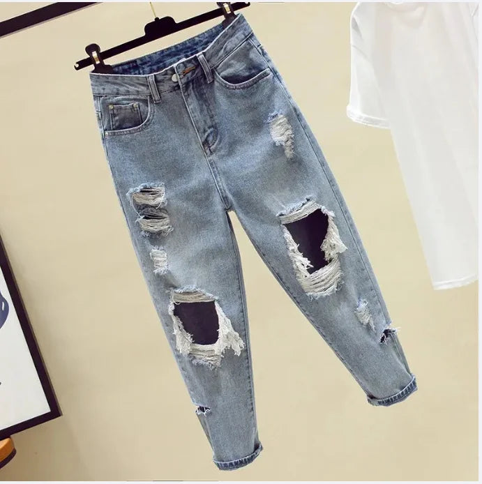 2025 spring summer autumn new Big size women fashion casual Denim Pants woman female ripped jeans for women