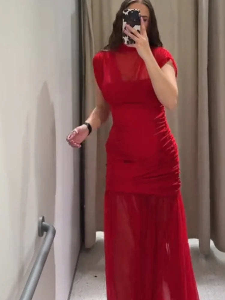 Chic Red Pleated Evening Party Long Dresses Elegant Fly Sleeve Mesh Patchwork Maxi Dress Women Summer Vacation Beach Vestidos