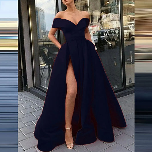 BWQ Floor Dress Cocktail Ladies Chiffon Temperament French Retro Dress Low Cut V Neck Wedding Slit Dresses Woman Clothing