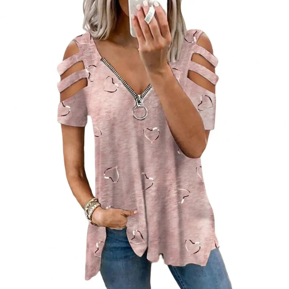 Top V Neck Low-cut Hollow Out Short Sleeves T-shirt