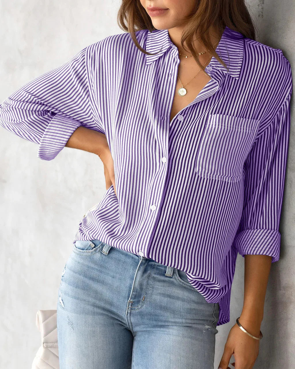 Loose Striped Women's Top, Elegant Long Sleeved Lapel Top, Oversized Cotton Casual Top, Novelty Of 2025 Shirts & Blouses Blusas