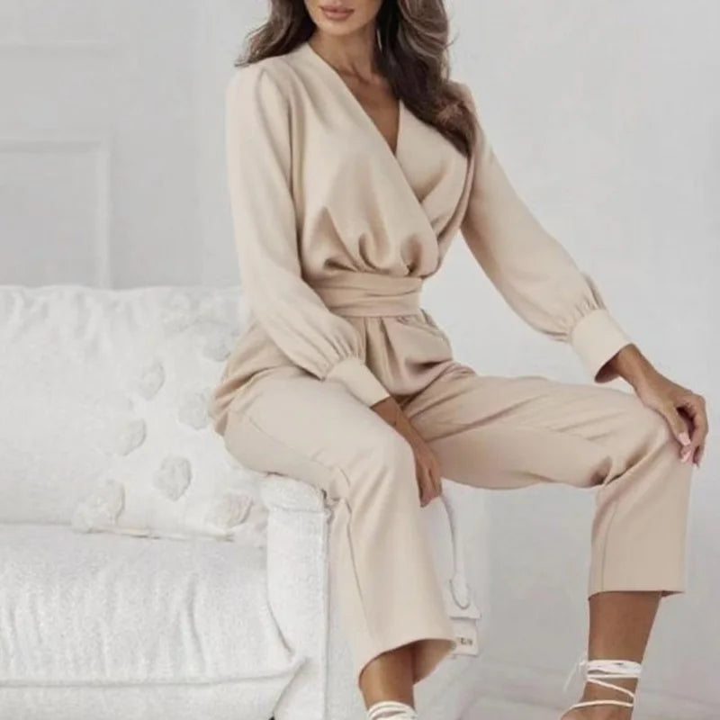 Spring Sexy Deep V Neck Hollow Jumpsuits Women Casual Solid High Waist Belt Romper Playsuit Autumn Long Sleeve Straight Overalls