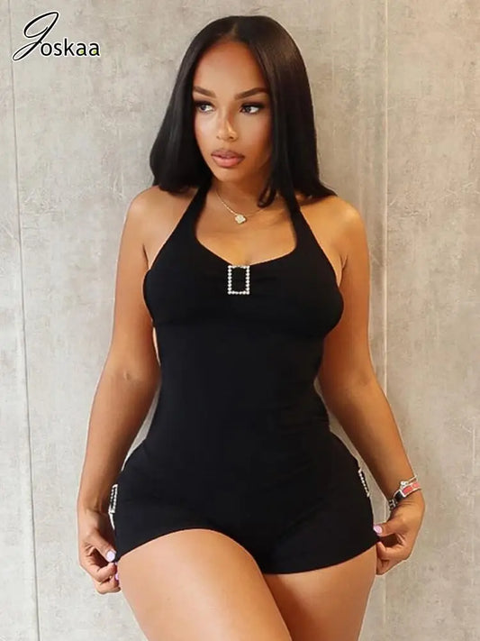 Joskaa Ribbed Solid Sports Rompers Women Hipster Sexy Halter Backless Body-Shaping Playsuits 2025 Summer Vacation Clubwear