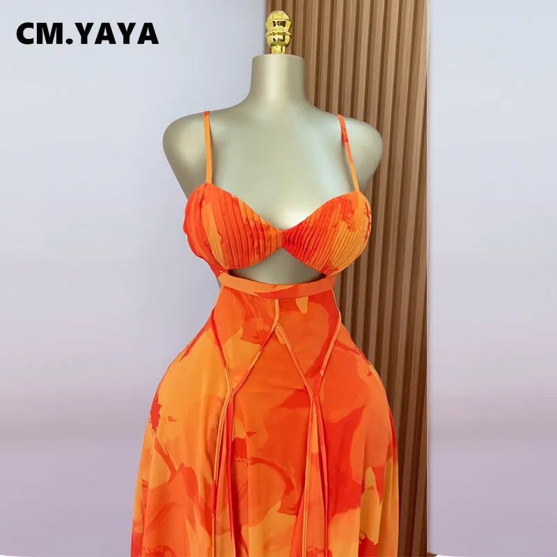 CM.YAYA Women Floral Printed Strap Backless Bra Front Big Swing Maxi Long Dress 2025 Vintage Sexy Club Party Evening Dresses