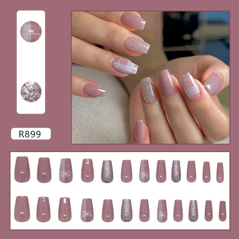 Platinum Maple Leaf Fake Nail with Jelly sticker Press on False Nails Wearable Round Head Oval Full Cover Nail Tips