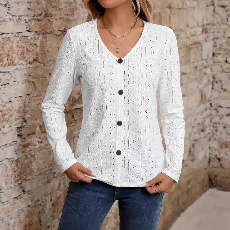 Womens Long Sleeve Tops 2023 Lace Crochet Casual Shirts Button Down V Neck Blouses Dressy Trendy Fashion Fall Clothes