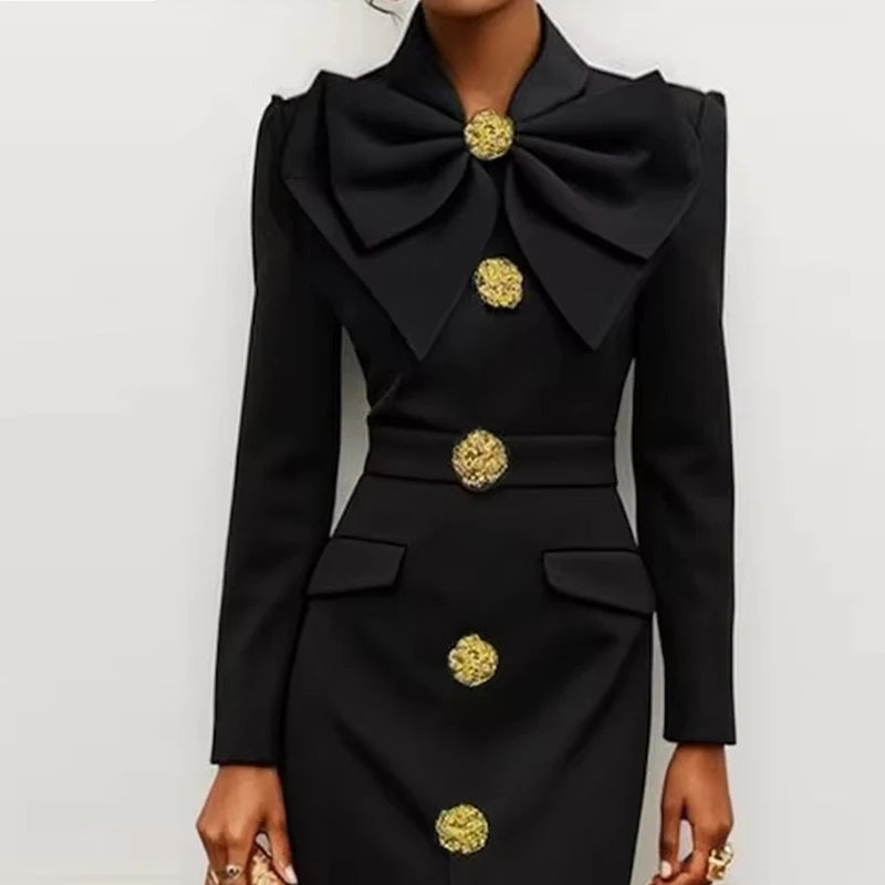 Light Luxury Style Long Sleeve Banquet Dress Elegant Black Single Breasted Commute Wrap Hip Dress Stylish Turtleneck Pleat Dress