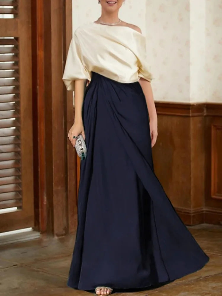 Gymystars One Shoulder Evening Dresses Women's Fashion Pleated Long Dress Summer Asymmetric Contrast Color Casual Party Dress