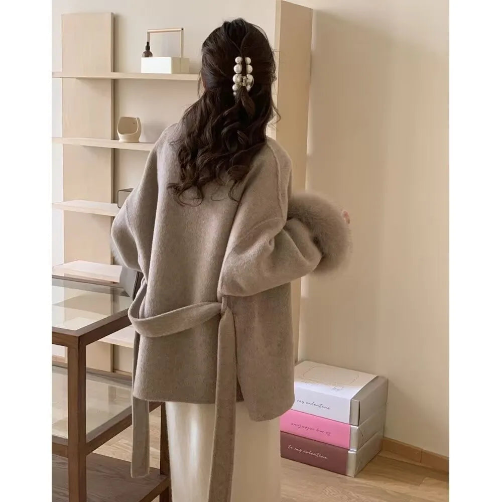 Strap Woolen Jacket With Spring And Autumn Long Sleeves Loose High-End Splicing Short Furry Sleeves blend Wool Coats With Lace-u