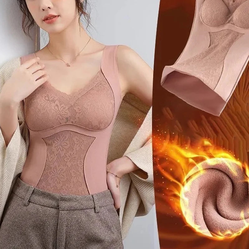 2pcs Woman Thermal Underwear Thermo Lingerie Winter Soft Warm Top Wear Thermo Vest Undershirt Intimate Lace with Bra Padded