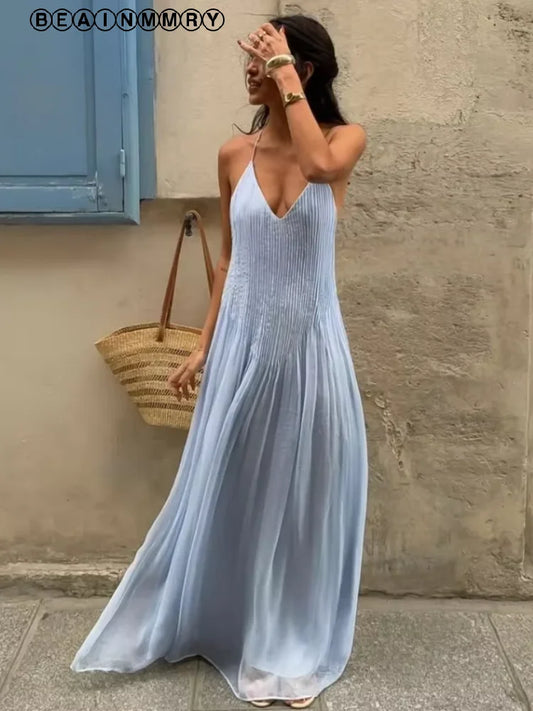 Sexy Solid Pleated Long Dress Women Elegant V Neck Sleeveless Suspender Backless Loose Robe Beach Party Ladies Maxi Gowns 2025